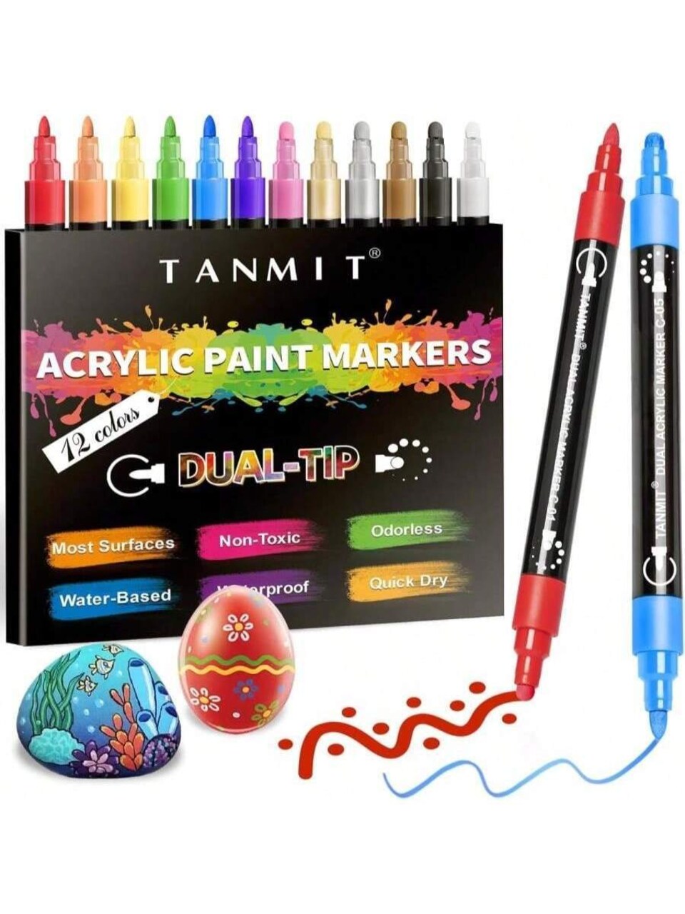 12 Colors Acrylic Paint Pens Markers, Dual-Tip Acrylic Paint Pens